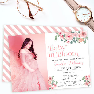 Pink floral baby in bloom shower photo invitation