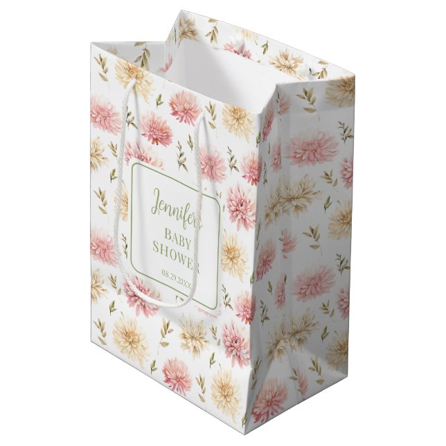 Pink floral baby in bloom thank you gift bags (Front Angled)