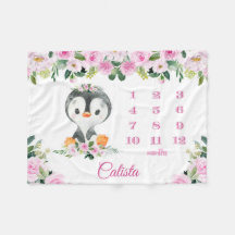 Pink Floral Baby Name Monthly Milestone Penguin