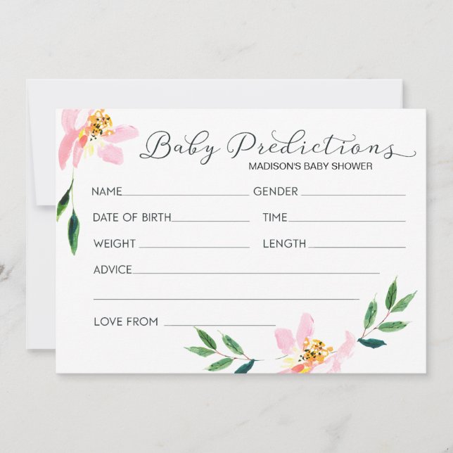 Pink Floral Baby Predictions Baby Shower Card (Front)