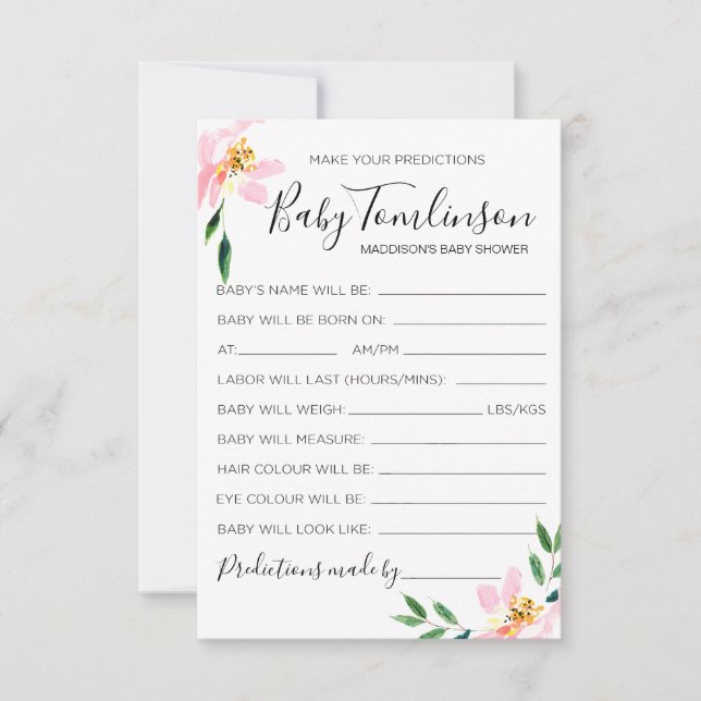 Pink Floral Baby Predictions Baby Shower Game Card (Front)