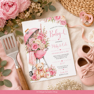 Pink Floral Baby-Q Baby Shower BBQ Invitation