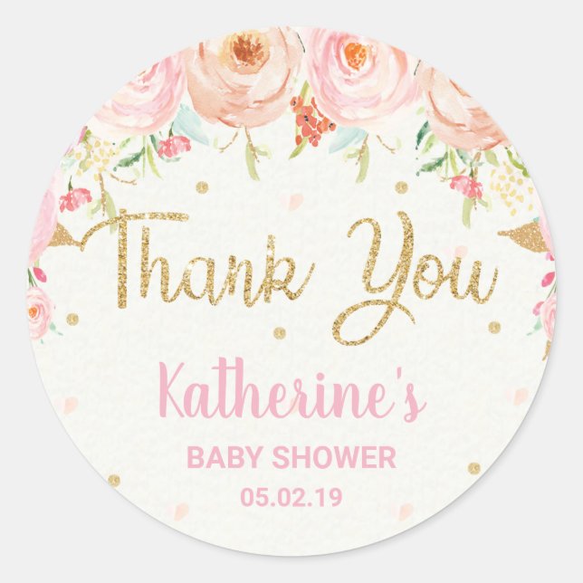 Pink Floral Baby Shower Baby Girl Thank You Classic Round Sticker (Front)