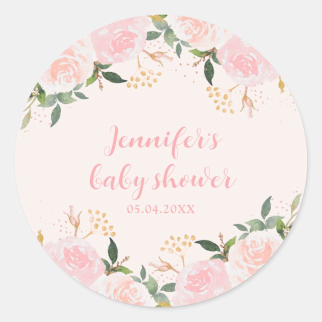 Pink Floral Baby Shower Classic Round Sticker (Front)