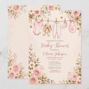 Pink Floral Baby Shower Clothesline Baby Shower Invitation