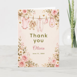 Pink Floral Baby Shower Clothesline Baby Shower Thank You Card