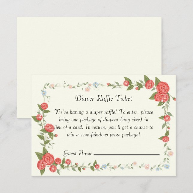 Pink Floral baby Shower Diaper Raffle Ticket Card (Front/Back)