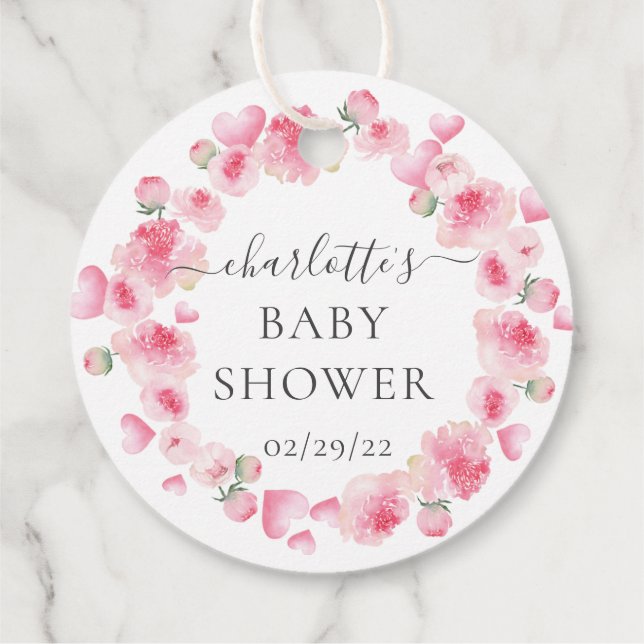 Pink Floral Baby Shower Favour Gift Tag (Back)
