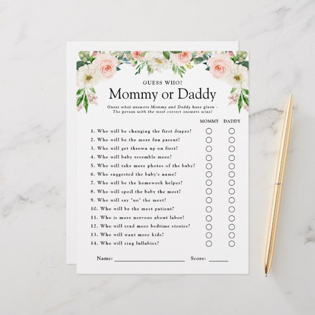 Pink Floral Baby Shower Game Guess Who (Front/Back In Situ)