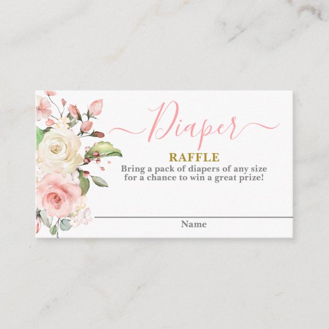 Pink Floral baby shower girl Diaper Raffle Card (Front)