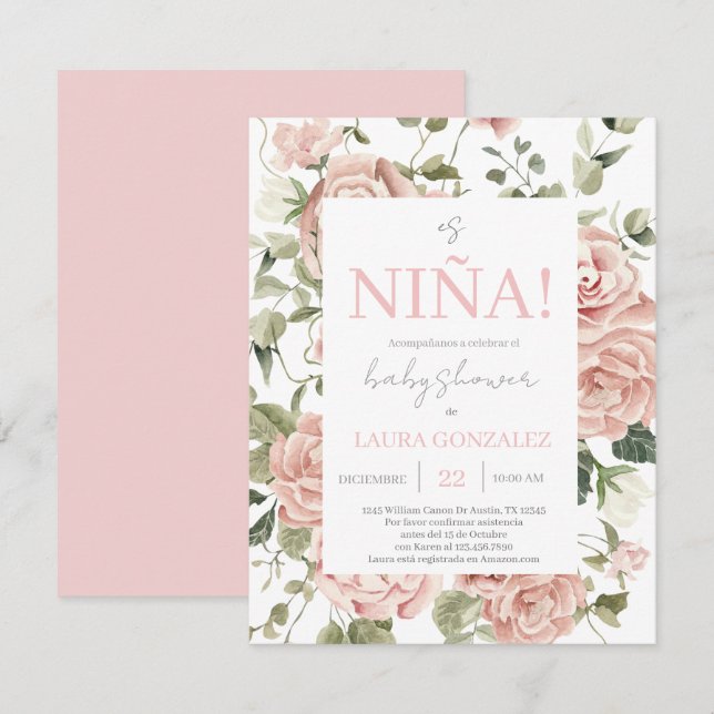 Pink Floral Baby Shower Girl Spanish Invitation (Front/Back)
