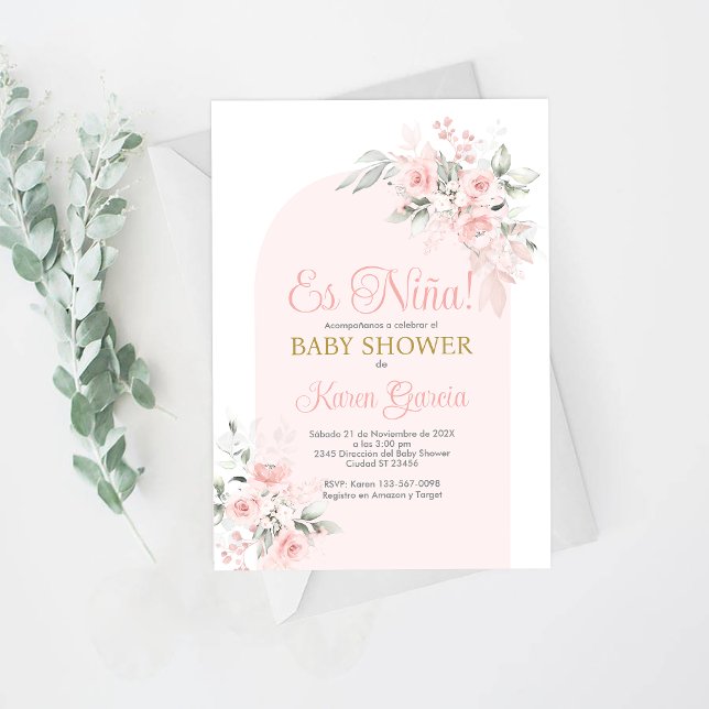 Pink Floral Baby Shower Girl Spanish Invitation (Creator Uploaded)
