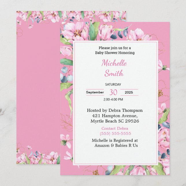   Pink Floral Baby Shower Invitations (Front/Back)