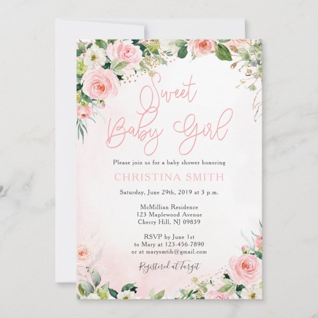 Pink Floral Baby Shower Invitations (Front)