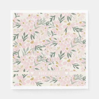 Pink Floral Baby Shower Paper Napkin with Name