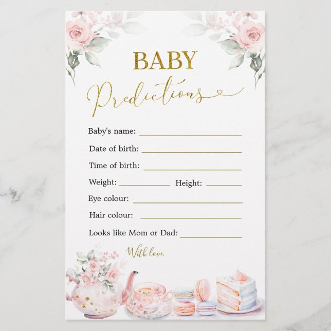 Pink Floral Baby Shower Tea Party Baby Predictions (Front)