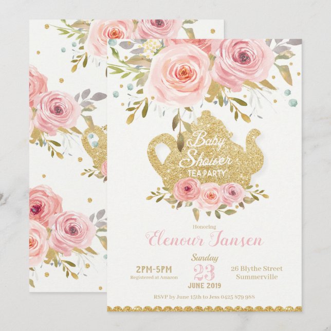 Pink Floral Baby Shower Tea Party Invitation Girl (Front/Back)
