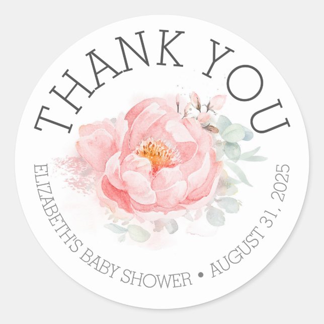 Pink Floral Baby Shower Thank You Classic Round Sticker (Front)