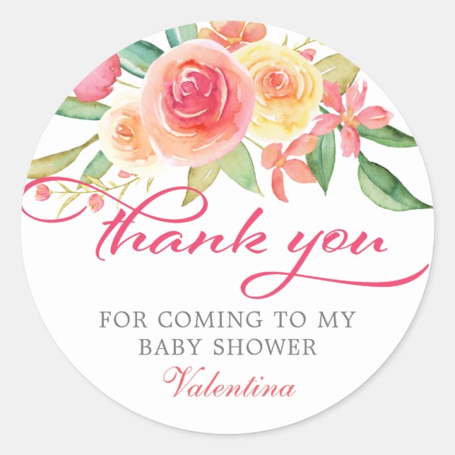 Pink Floral Baby Shower Thank You Classic Round Sticker (Front)