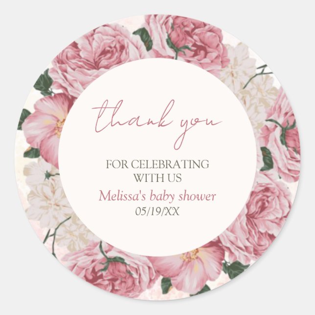 Pink Floral Baby Shower Thank You Sticker (Front)