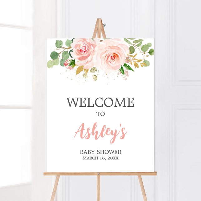 Pink Floral Baby Shower Welcome Poster (A Sweet Baby Girl Baby Shower Welcome Sign)