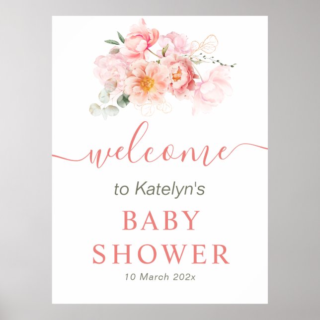 pink floral baby shower welcome sign (Front)