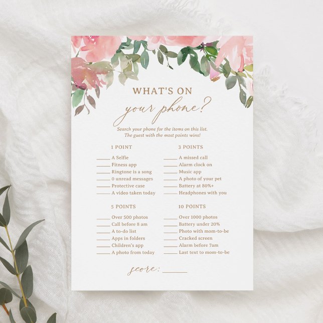 Pink Floral Baby Shower What's on Your Phone Game Invitation (Creator Uploaded)