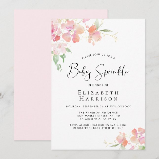 Pink Floral Baby Sprinkle Watercolor Invitation (Front/Back)
