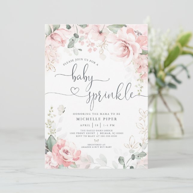 Pink Floral Baby Sprinkle, Watercolor Peony Baby  Invitation (Standing Front)