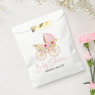 Pink floral Baby Stroller, Baby Shower Typography Favour Bags
