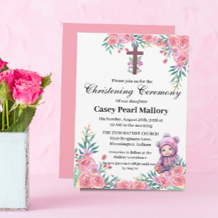 Pink Floral Babygirl Christening/Baptism Invitation
