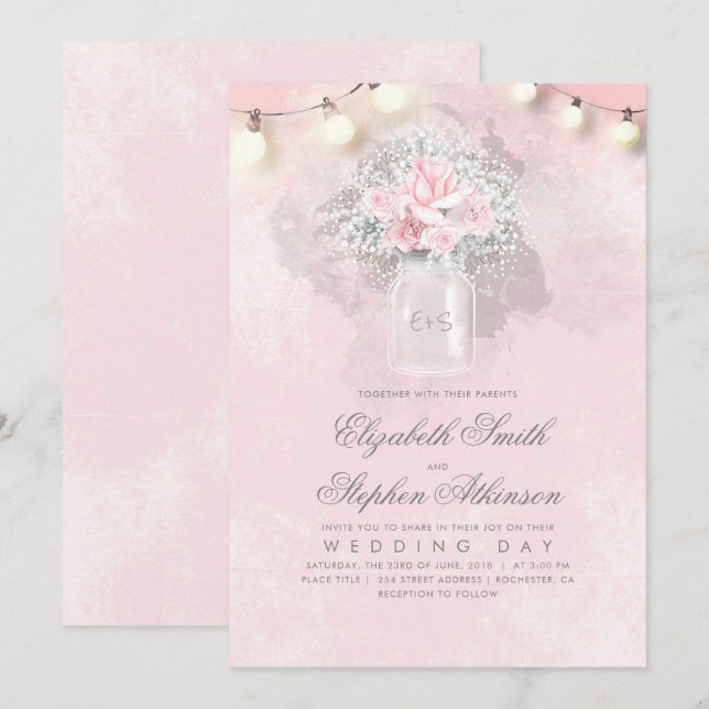 Pink Floral Baby's Breath Mason Jar Rustic Wedding Invitation (Front/Back)