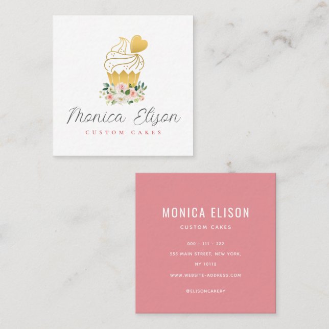 pink floral bakery logo square business card (Front/Back)