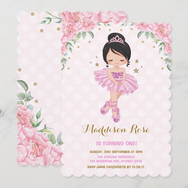 Pink Floral Ballerina Ballet Tutu Birthday Invite (Front/Back)