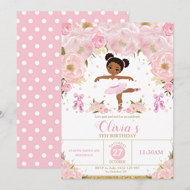 Pink Floral Ballerina Birthday Tutu Ballet Dance Invitation (Front/Back)