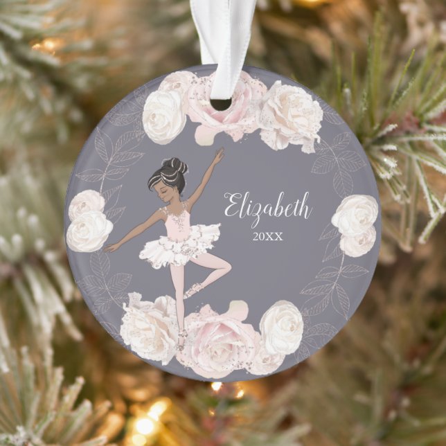 Pink Floral Ballerina Black Hair Girl Personalised Ornament (Tree)
