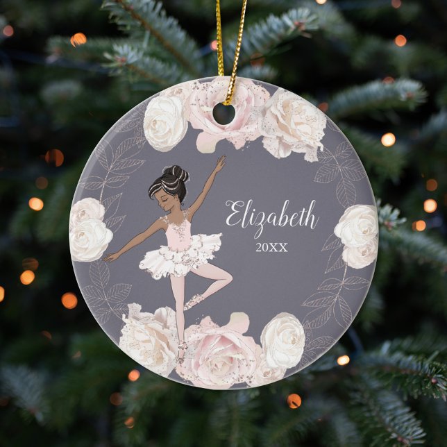 Pink Floral Ballerina Black Hair Girl Personalized Ceramic Tree Decoration (Creator Uploaded)