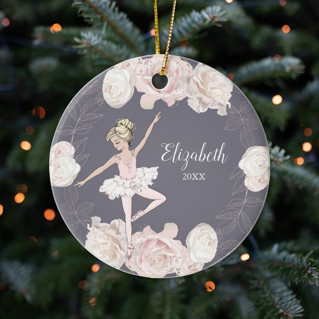 Pink Floral Ballerina Blond Girl Personalized Ceramic Tree Decoration (Creator Uploaded)