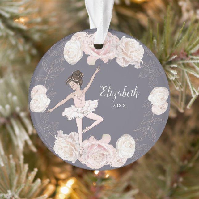 Pink Floral Ballerina Brown Hair Girl Personalised Ornament (Tree)