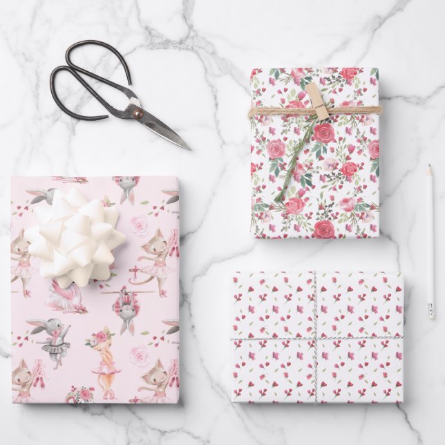 Pink Floral Ballerina Bunny and Kitty Wrapping Paper Sheet (Front)