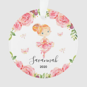 Pink Floral Ballerina & Butterfly Girls Christmas Ornament