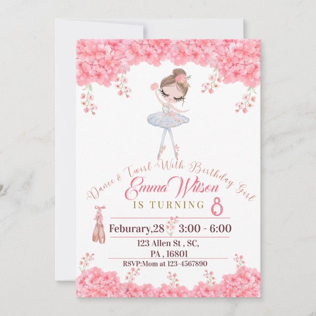 Pink Floral Ballerina Doll Birthday Invitation (Front)