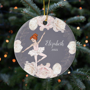 Pink Floral Ballerina Red Hair Girl Personalised Ceramic Tree Decoration