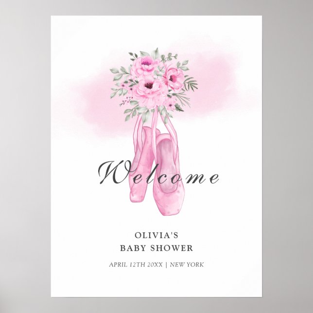 Pink Floral Ballerina Shoes Welcome Baby Shower  Poster (Front)