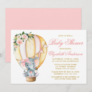 Pink Floral Balloon Elephant Bow Baby Shower Invitation