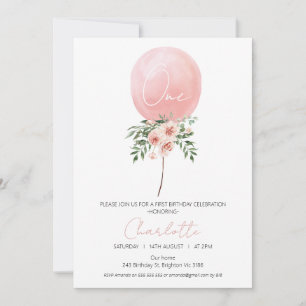 Pink Floral Balloon First Birthday Invitation