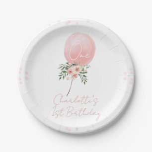 Pink Floral Balloon First Birthday Plate
