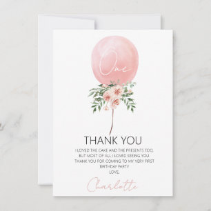 Pink Floral Balloon First Birthday Thank You Card