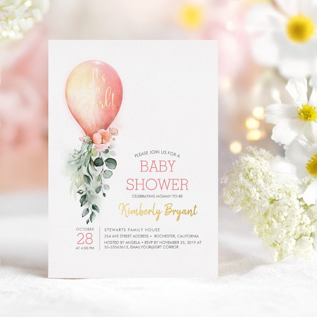 Pink Floral Balloon It's a Girl Baby Shower (Blush Pink Balloon Gold Foil Baby Shower Invitation It's a Girl)