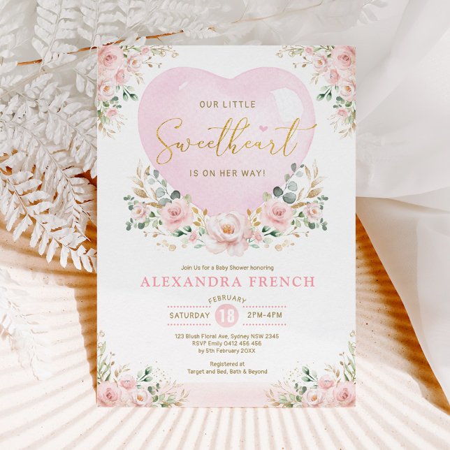 Pink Floral Balloon Sweetheart Baby Girl Shower Invitation (Creator Uploaded)